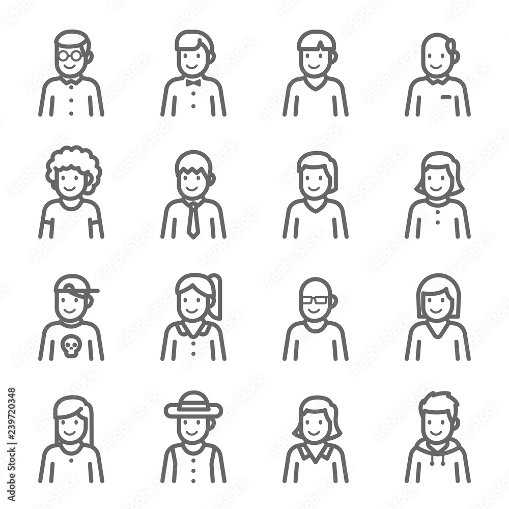 Avatar Vector Line Icon Set. Contains such Icons as Man, Woman Character and more. Expanded Stroke Avatar Vector Line Icon Set. Contains such Icons as Man, Woman Character and more. Expanded Stroke