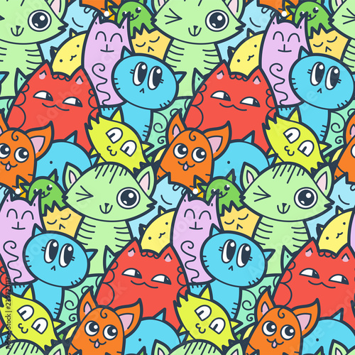 Funny doodle cats and kittens seamless pattern for prints, designs and coloring books