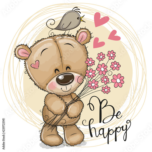 Cute Cartoon Teddy Bear with flowers