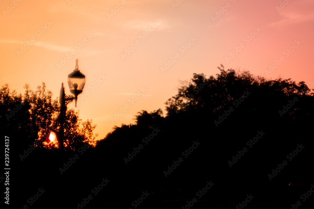Silhouette of a lantern,  trees   colorful autumnal vanilla pink sky in background. Landscape with vivid colors during a sunset. Pastel tones during the autumn season beautiful nature background