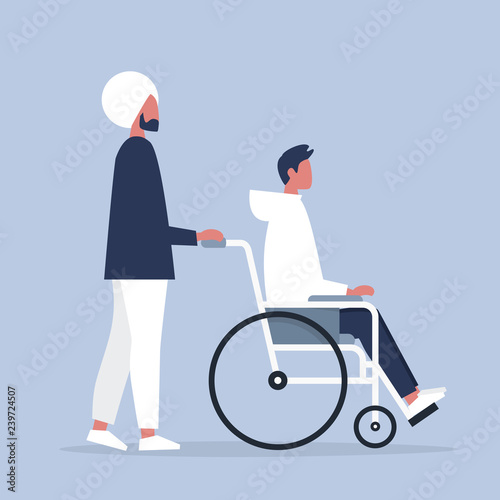 Care and assistance. Young disabled male character sitting in a wheelchair. Disability. Daily life. Flat editable vector illustration, clip art