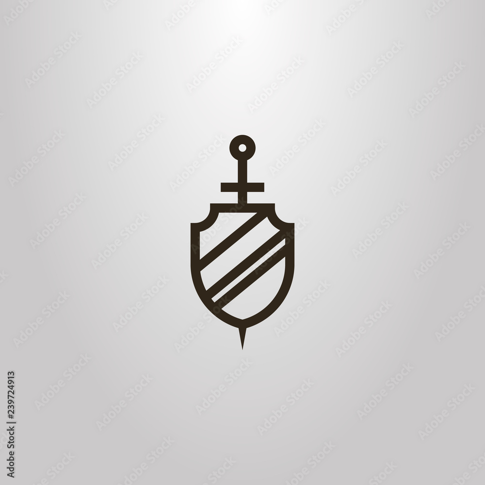 black and white simple vector line art sign of medieval sword behind shield black and white simple vector line art sign of medieval sword behind shield