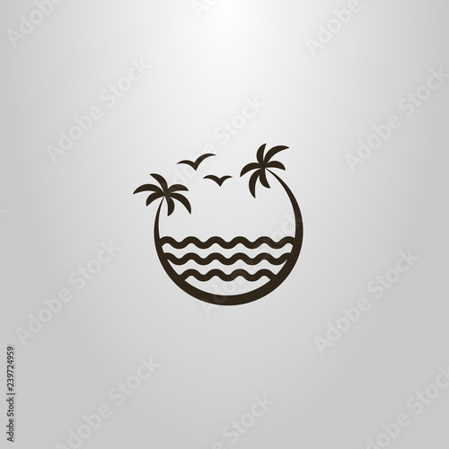 black and white simple vector sign of two palm trees leaning over the sea waves