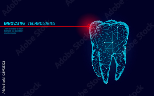 3d tooth innovation laser dentistry polygonal concept. Stomatology symbol low poly triangle abstract oral dental medical care business. Connected dot particle modern render blue vector illustration