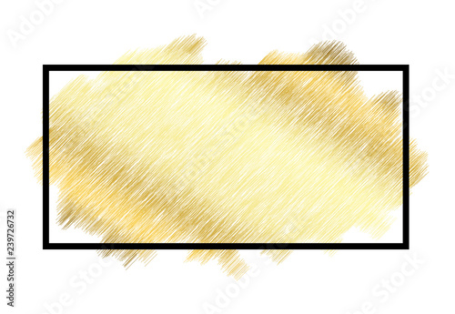 Gold metall texture, black frame. Golden color paint stroke isolated white background. Glitter stain design bright border, frame, Happy New Year banner, Christmas celebration. Vector illustration