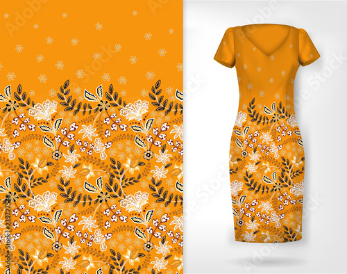 Vertical seamless fashion background. Women's long dress mock up with bright seamless hand drawn pattern for textile, paper print. Isolated orange dress with floral pattern. vector