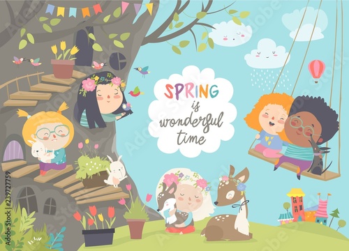 Cute cartoon children with animals in spring forest
