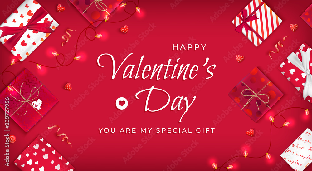 Fototapeta premium Happy Valentine's Day Flyer, Horizontal Web Banner Background with candies, garlands, serpentine, gift boxes in red and white wrapping paper with hearts. On red background. Vector Illustration