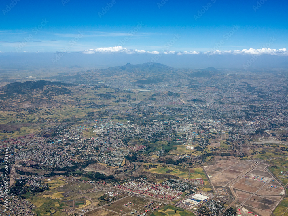 Aerial view of sprawling city of Addis Ababa, Ethiopia.