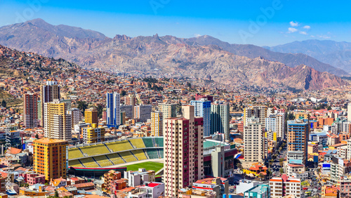 Nuestra Senora de La Paz colorful city town center with skyscrap photo