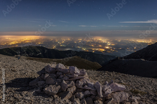 Adriatic coast lilluminated at twilight from the amphitheater of the Murelle, Majella national park, Abruzzo, Italy, Europe