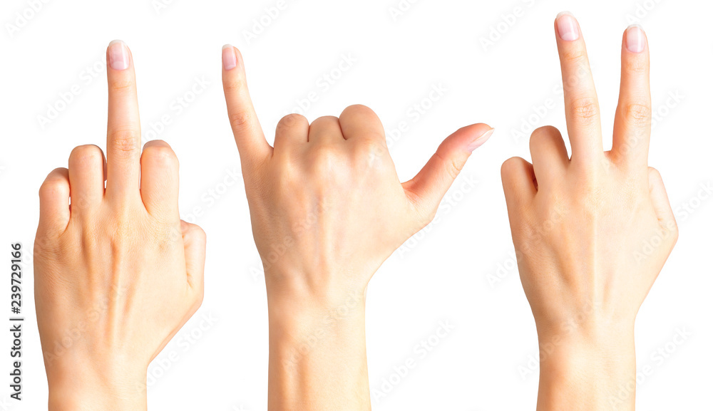 Female hands showing three diferent gestures. Isolated Female hands showing three diferent gestures. Isolated