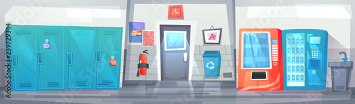 High School hallway interior banner with row of lockers and trash and fire extinguisher. 