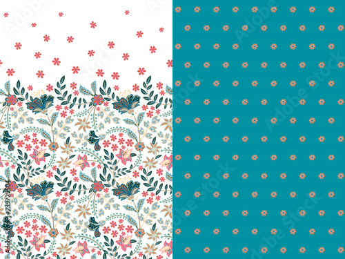 Set of two horizontal seamless floral pattern with paisley and fantasy flowers border. Hand drawn texture for clothes, bedclothes, fabric of the dress etc. Blue
