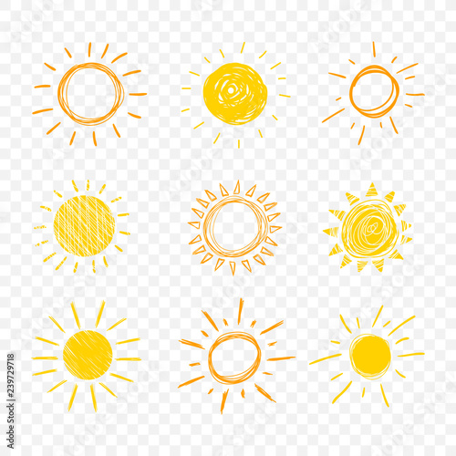 Vector Doodle Sun, Set of Hand Drawn Funny Icons on Transparent Background,.