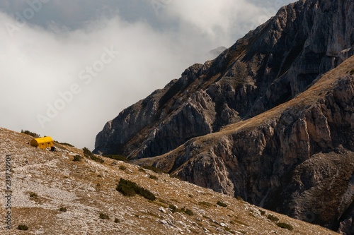 View from above of Carlo Fusco hut and the amphitheater of the Murelle, Majella national park, Abruzzo, Italy, Europe photo