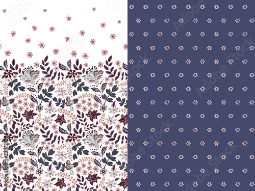 Set of two horizontal seamless floral pattern with paisley and fantasy flowers border. Hand drawn texture for clothes, bedclothes, fabric of the dress etc. Violet