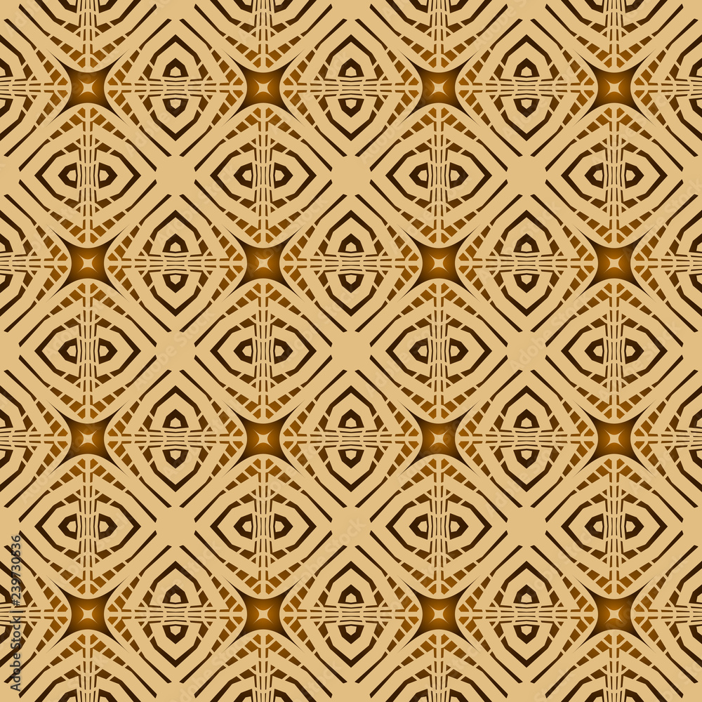 Seamless square pattern from yellow geometrical abstract ornaments on a dark brown background. Vector illustration. Suitable for fabric, wallpaper and wrapping paper