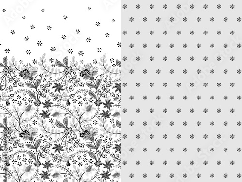 Set of two horizontal seamless floral pattern with paisley and fantasy flowers border. Hand drawn texture for clothes, bedclothes, fabric of the dress etc. Gray