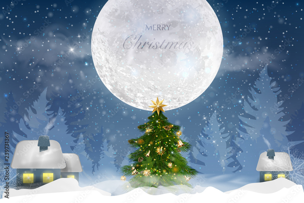 Naklejka premium Winter blue sky with falling snow, snowflakes with a winter landscape with moon