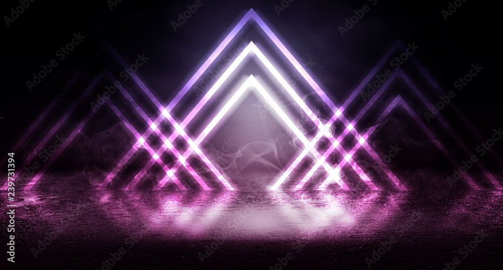 Ultraviolet background of empty foggy street with wet asphalt, illuminated by a searchlight, laser beams, smoke Ultraviolet background of empty foggy street with wet asphalt, illuminated by a searchlight, laser beams, smoke
