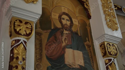 Kiev, Ukraine - November 13, 2018: Painting of Jesus Christ on the wall in the orthodox church