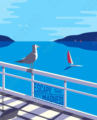 Nautical poster concept. Blue sea scenic view. Marine yacht sailing on blue water. Hand drawn cartoon retro style. Escape the city. Maritime vector Illustration of recreation on seashore background