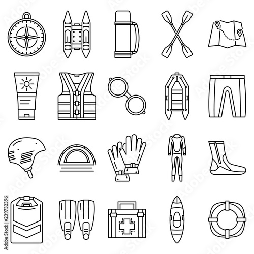 Rafting icon set. Outline set of rafting vector icons for web design isolated on white background