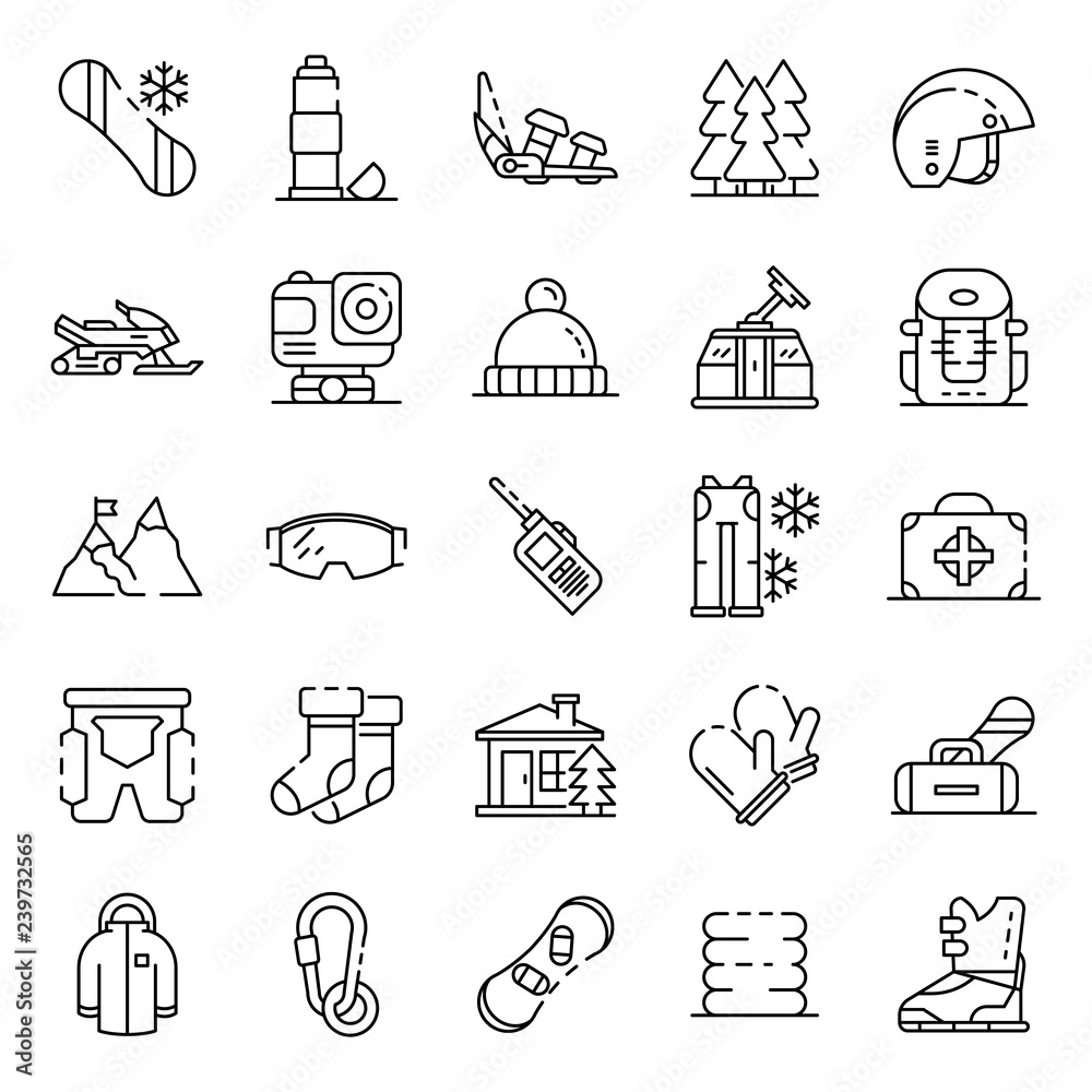 Snowboarding equipment icon set. Outline set of snowboarding equipment vector icons for web design isolated on white background