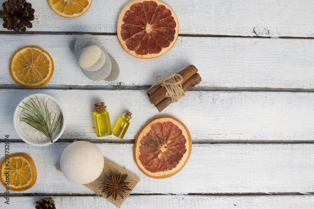 sea salt for bath, bath bomb and body oil with cinnamon, orange and spices sea salt for bath, bath bomb and body oil with cinnamon, orange and spices
