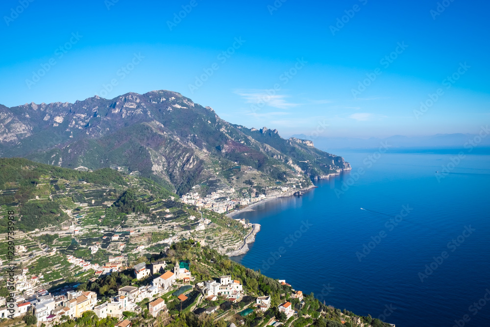 Amalfi Coast with Gulf of Salerno on a sunny day with blue sky in summer, Italy