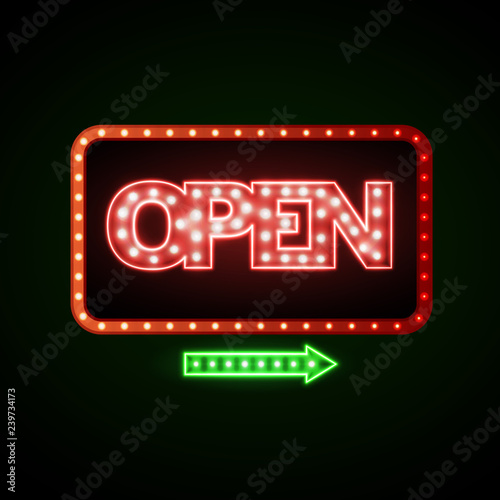 Neon sign open. Vintage electric signboard