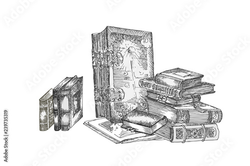 Banner with hand drawing sketch books. Concept vintage design for fair or festival flyer, paper, banner, school library retro poster, bookshop advertising in engraving style