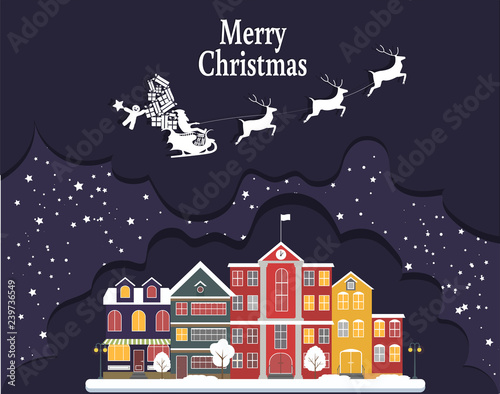 Silhouette of santa claus on sleigh full of gifts and his reindeers. Happy new year decoration. Merry christmas holiday. New year celebration. Vector illustration in flat style