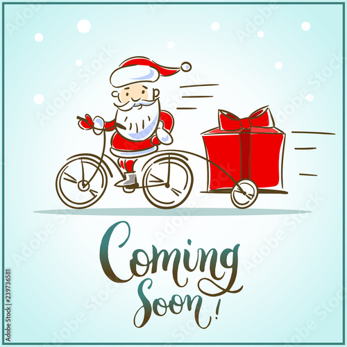 Santa Claus riding a bicycle with gift box is coming soon. Vector illustration isolated.