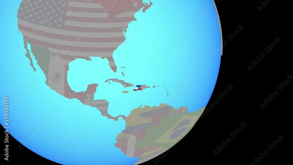 Zoom to Haiti with embedded national flag on blue political globe. 3D illustration.