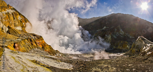 Fumaroles and smoke in White Island of New Zealand photo