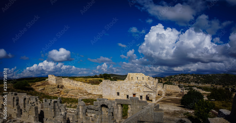 Panoramic Bouleuterion building in Patara (Pttra) Ancient City. The assembly hall of Lycia public. The Lycian League's capital was at Patara. Amazing landscape.