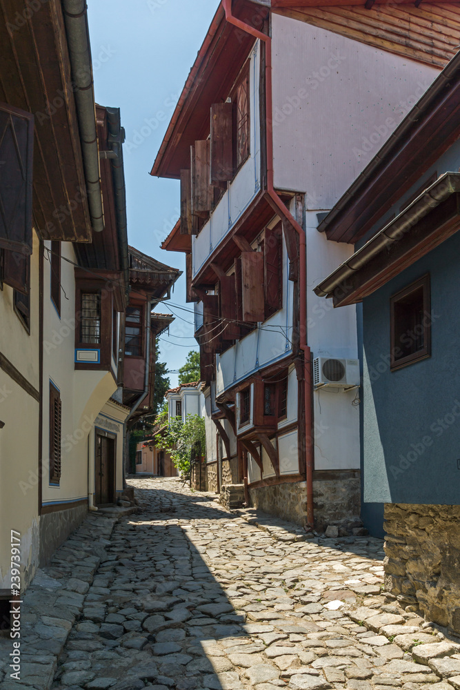 Street and houses from the period of Bulgarian revival in old town of city of Plovdiv, Bulgaria