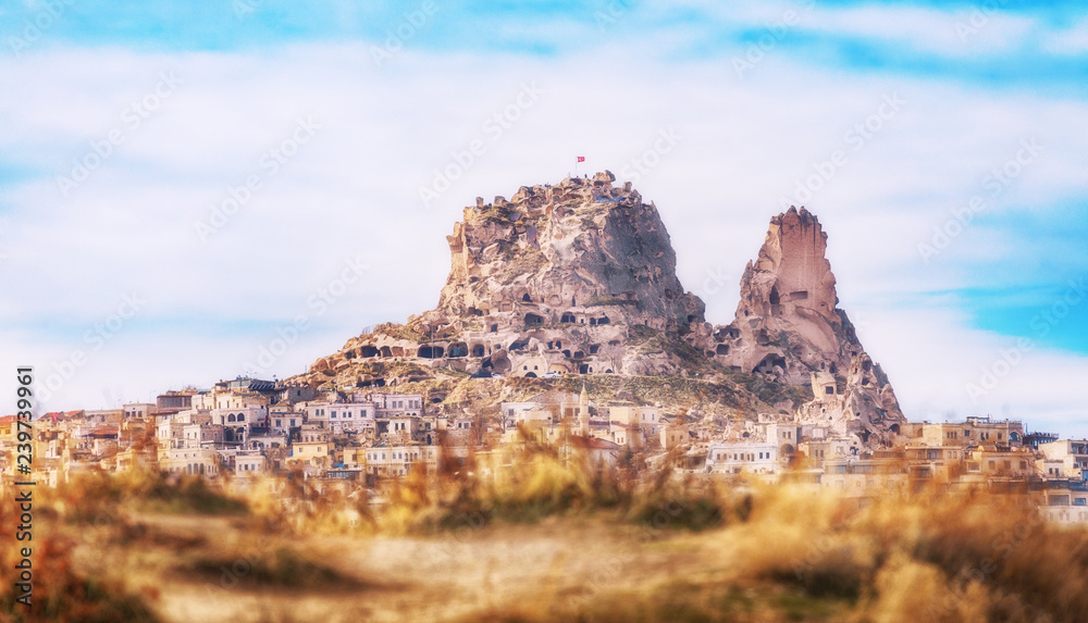 Uchisar Fortress City, Turkey. Goreme National Park and the Rock Sites of Cappadocia, a UNESCO World Heritage site.
