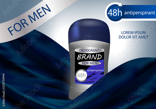 Long-lasting deodorant antiperspirant for men in grey packaging. Vector illustration.