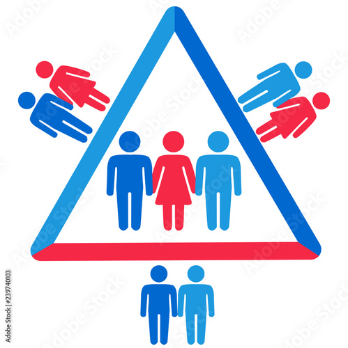Schematic representation of polyamoric relations between three people. Polyamory conceptual illustration.