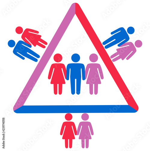 Schematic representation of polyamoric relations between three people. Polyamory conceptual illustration.
