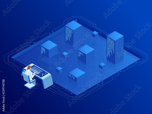 Isometric server room in datacenter. Administrator Monitors Work of Artificial Intelligence. Professional IT Engineers Working in System Control Center.