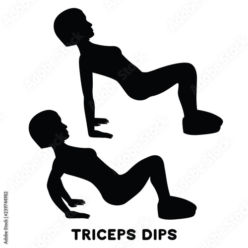Triceps dips. Sport exersice. Silhouettes of woman doing exercise. Workout, training.