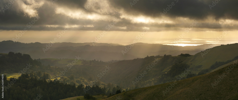 California Santa Cruz Mountains and Pacific Ocean with Sunshine Rays at Sunset