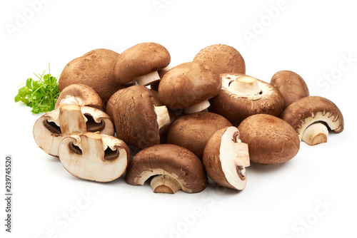 Champignons with Sliced champignons with parsley, close-up, isolated on white background