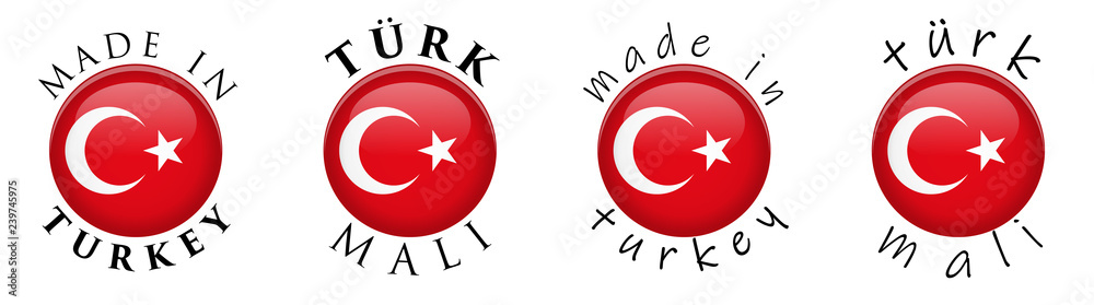 Simple Made in Turkey/ Turk Mali (Turkish translation) 3D button sign. Text around circle with national flag. Decent and casual font version. Simple Made in Turkey/ Turk Mali (Turkish translation) 3D button sign. Text around circle with national flag. Decent and casual font version.