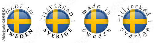 Simple Made in Sweden/ Tillverkad i Sverige (Swedish translation) 3D button sign. Text around circle with national flag. Decent and casual font version.