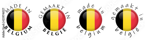 Simple Made in Belgium / Gemaakt in Belgie (Dutch translation) 3D button sign. Text around circle with Belgian national flag. Decent and casual font version.